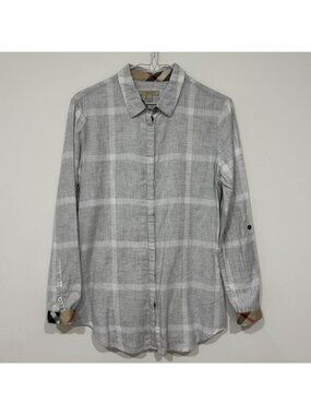 Burberry Brit Women's Long Sleeve Roll Up Sleeve Nova Check Cuff Collar Blouse L